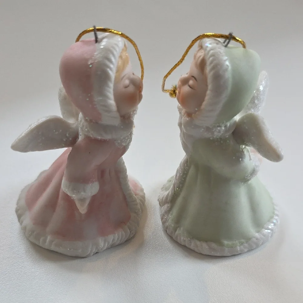 Angel Bell Ornaments - Kissing Angel Bell Ornament Figure Set With Glitter Trim
